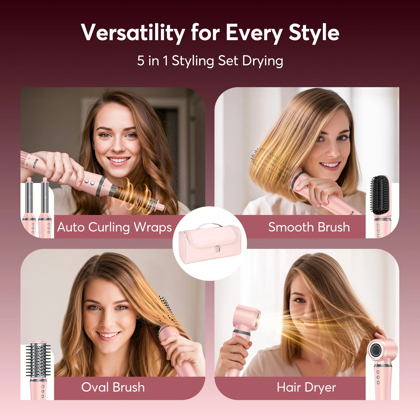 5 in 1 Hair Dryer, Air Wrap Styler with Travel Bag-Frizz-Free Auto Wrap Curler, Straightening for Hair Styling, No Heat Damage