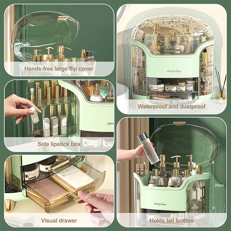 Cosmetic Storage Box with Lid and Drawers, Countertop Makeup Organizer Case, Waterproof & Dustproof Cosmetics Rack