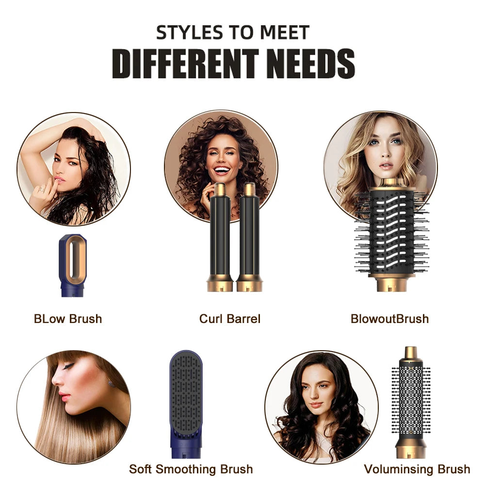 6 in 1 Hair Dryer Brush Detachable Airflow Comb Curler Straightening Brush Heat Control Styler for Smooth Hair