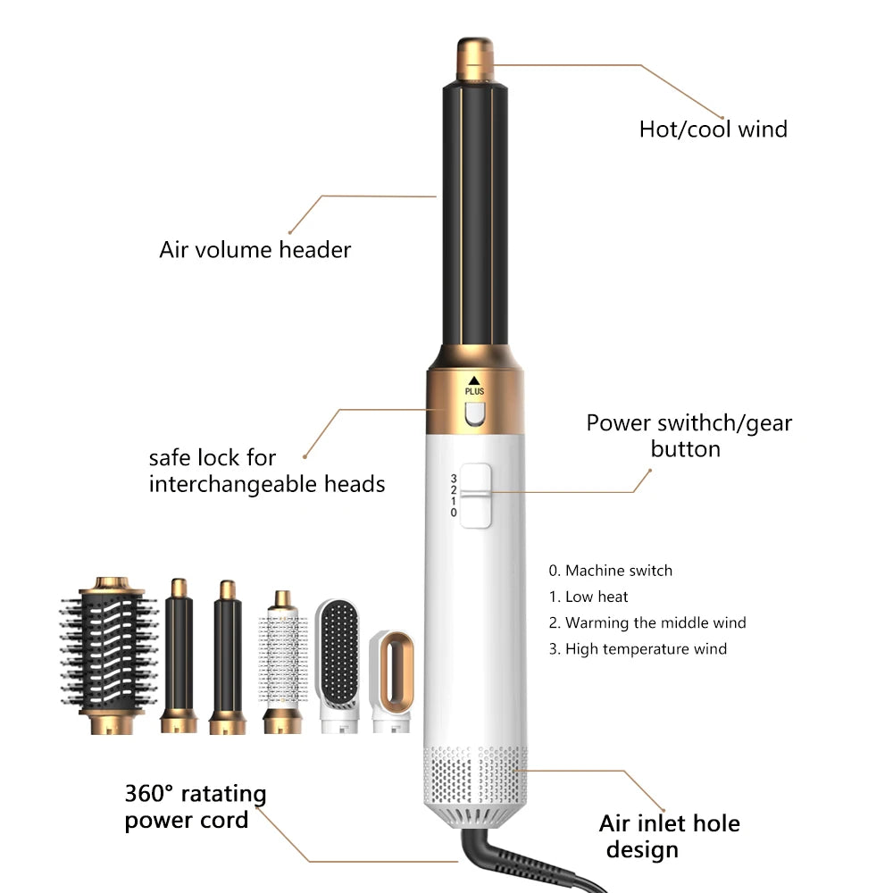 6 in 1 Hair Dryer Brush Detachable Airflow Comb Curler Straightening Brush Heat Control Styler for Smooth Hair