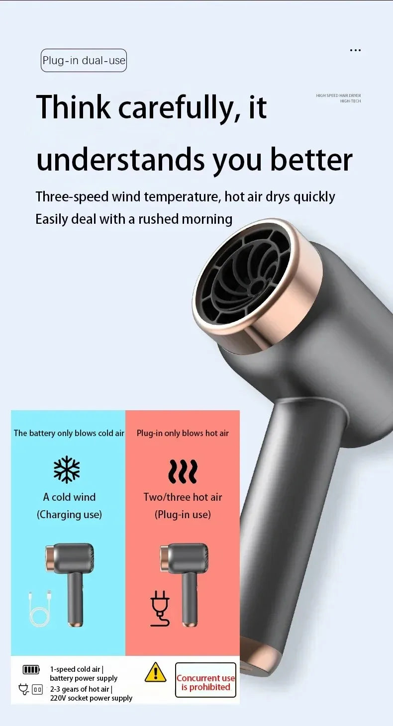 Hair Dryer Charging Portable USB Rechargeable Hairdryer High-Power Home Quick-Dry Hair Salon Travel Blow Dryer