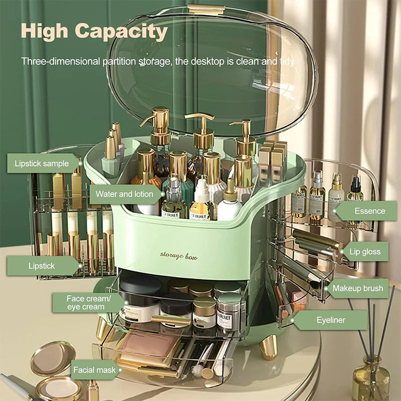 Cosmetic Storage Box with Lid and Drawers, Countertop Makeup Organizer Case, Waterproof & Dustproof Cosmetics Rack