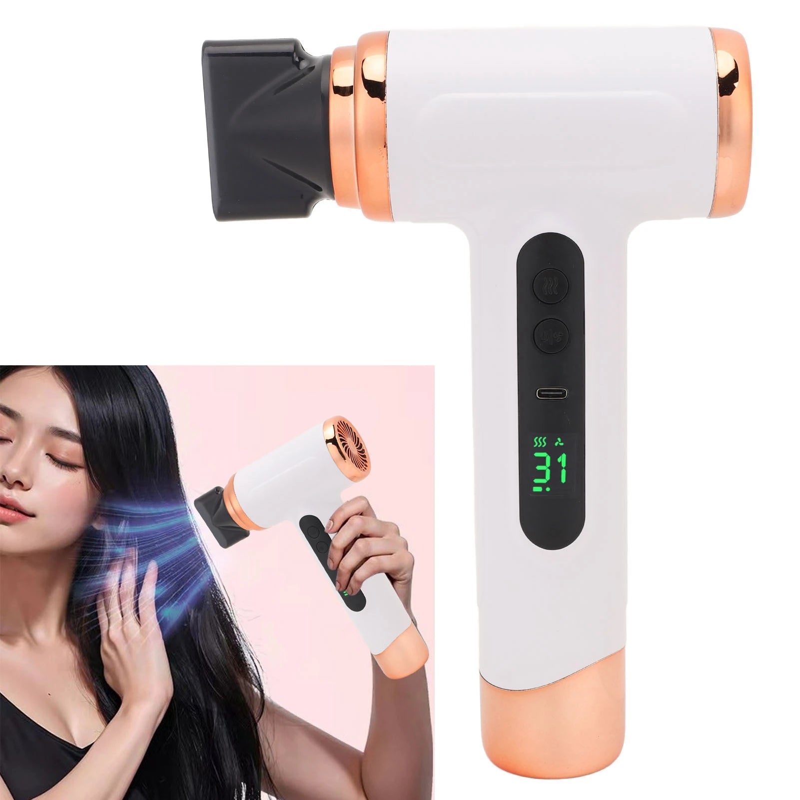 Cordless Hair Dryer 15000mAh Portable USB Rechargeable Hair Dryer with USB Charging Cold Hot Wind 200W for Students Dormitory Wh
