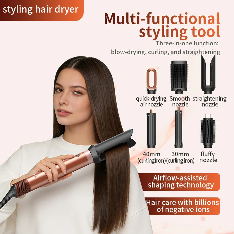 1700W 6-in-1 professional multifunctional hair dryer hot and cold air brush curling iron straightener salon grade fast drying