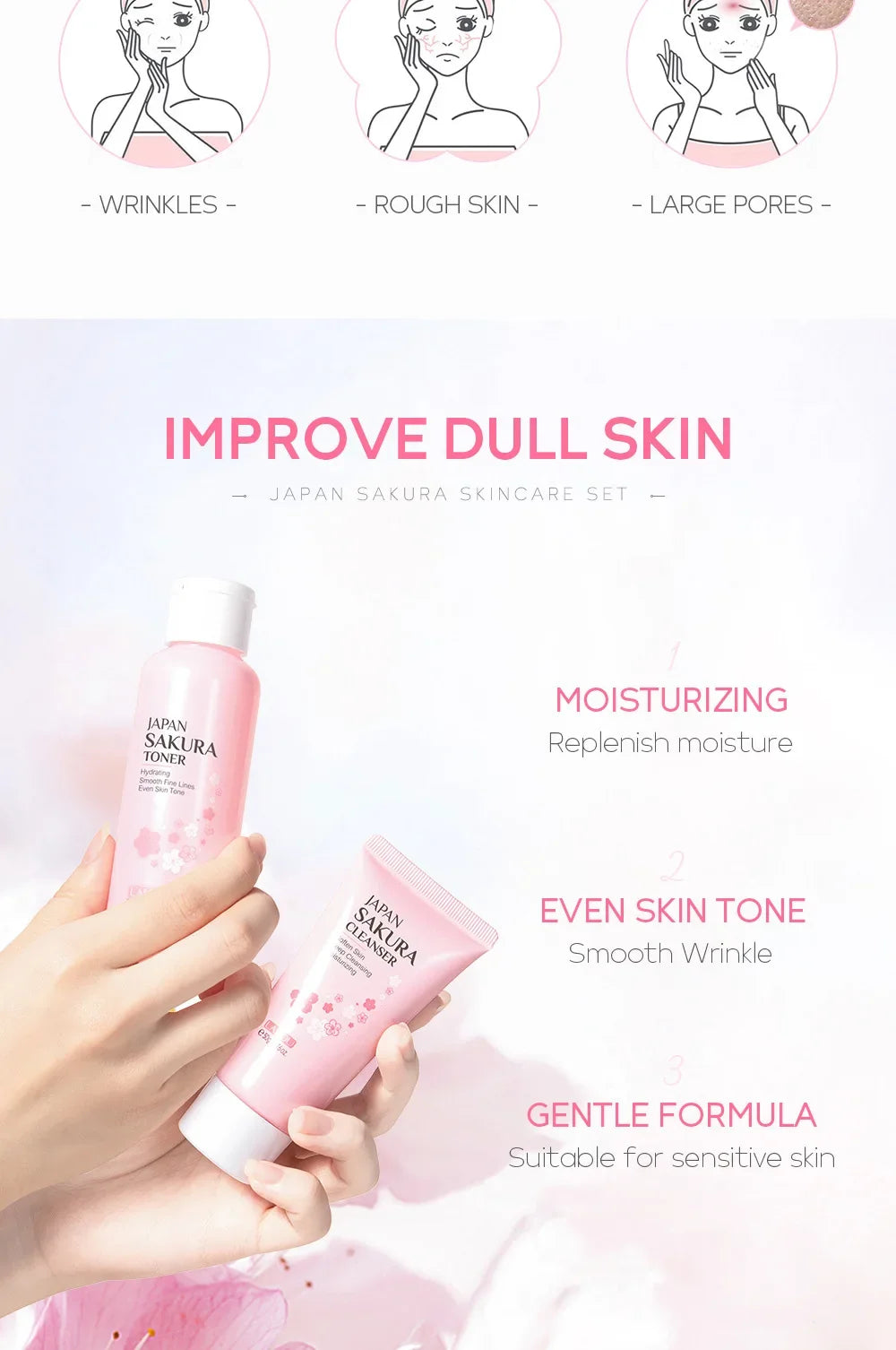 LAIKOU Sakura Kit Skin Care Sets Moisturizing and Reducing Fine Lines Cleansing Pore Product 5-Piece Korean Women's Day Gift