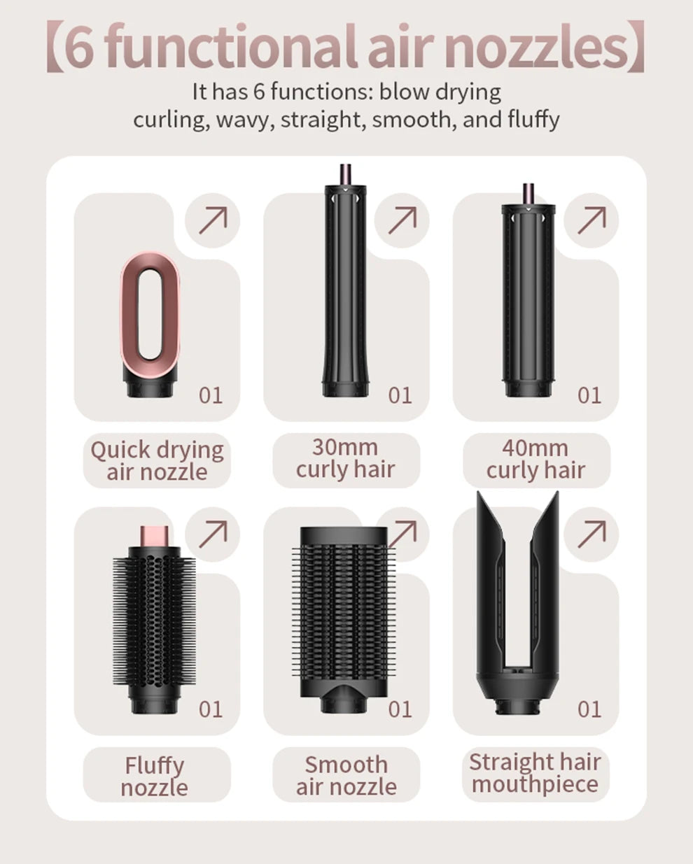1700W 6-in-1 professional multifunctional hair dryer hot and cold air brush curling iron straightener salon grade fast drying