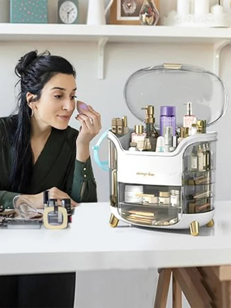 Cosmetic Storage Box with Lid and Drawers, Countertop Makeup Organizer Case, Waterproof & Dustproof Cosmetics Rack